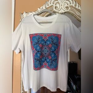 Johnny Was!!!
White Graphic Tee with Blue and Red Design.